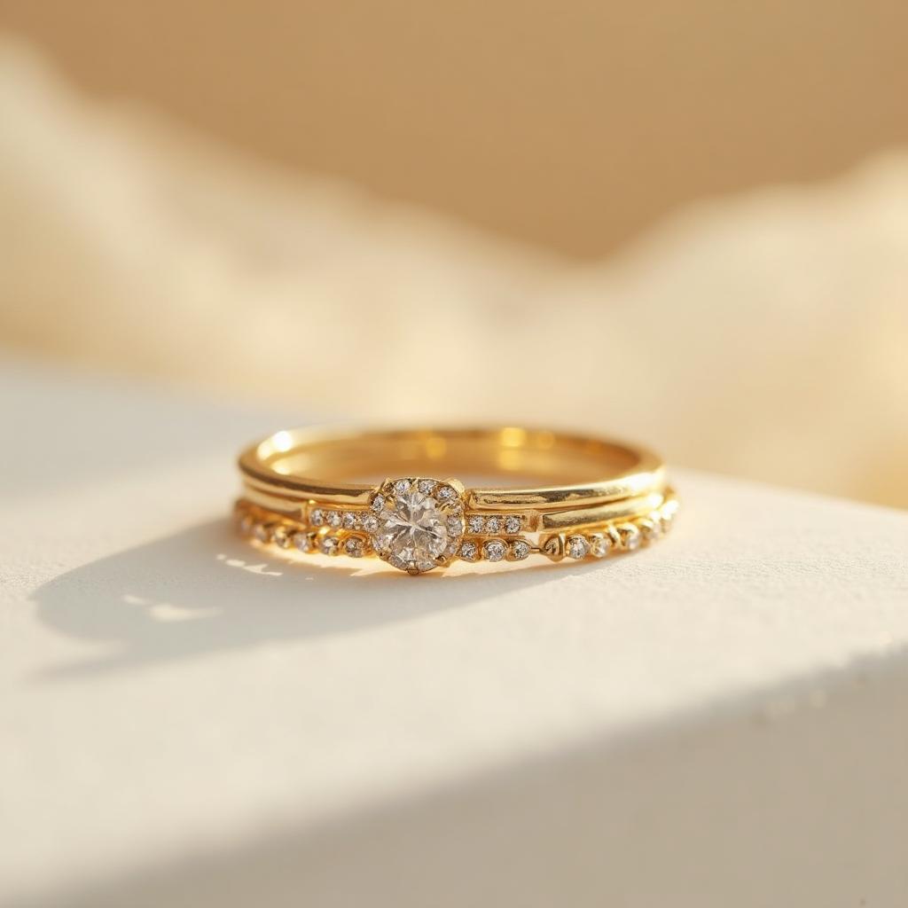 Close-up of 14k gold stacking rings with diamonds